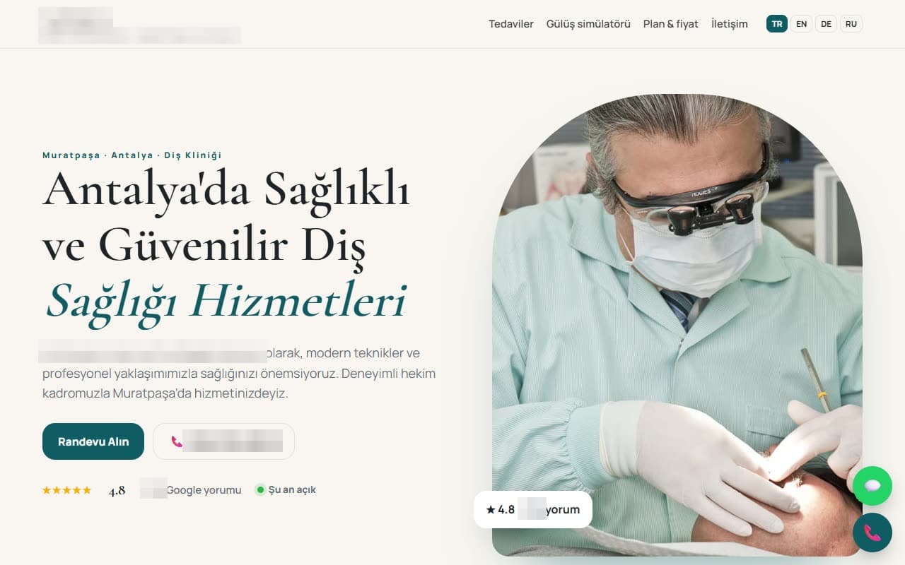 Antalya · Diş kliniği için hazırladığımız site taslağı (işletme bilgileri gizlendi) · Dijitabela