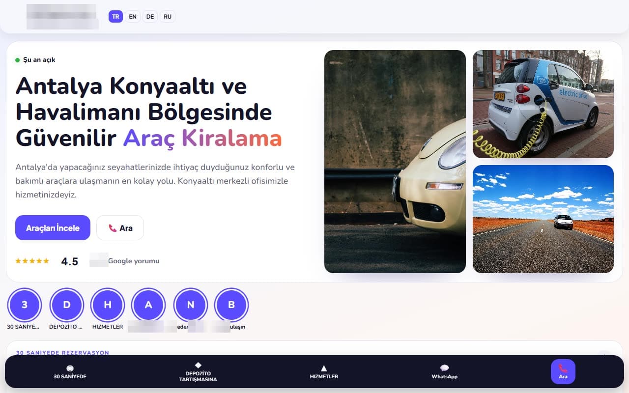 Antalya · Araç kiralama için hazırladığımız site taslağı (işletme bilgileri gizlendi) · Dijitabela