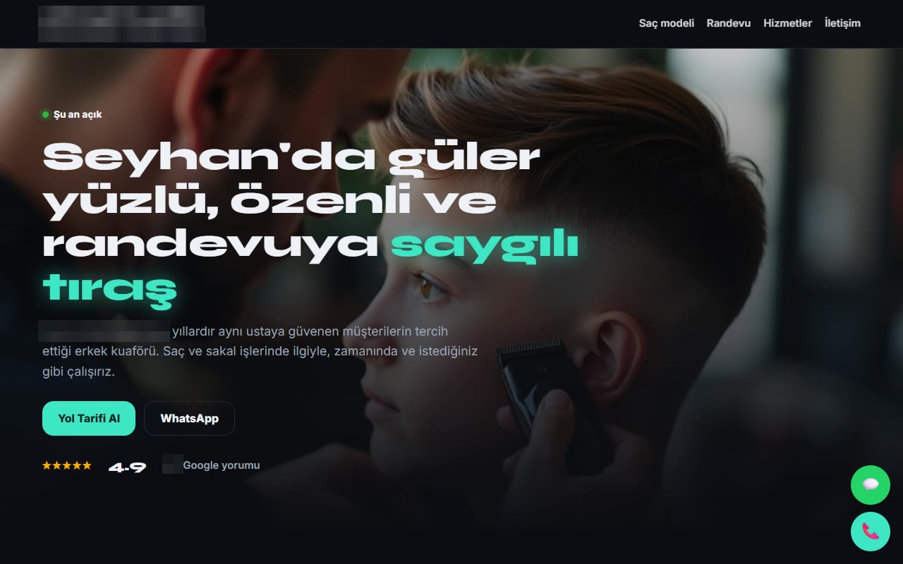 Adana · Erkek kuaförü için hazırladığımız site taslağı (işletme bilgileri gizlendi) · Dijitabela