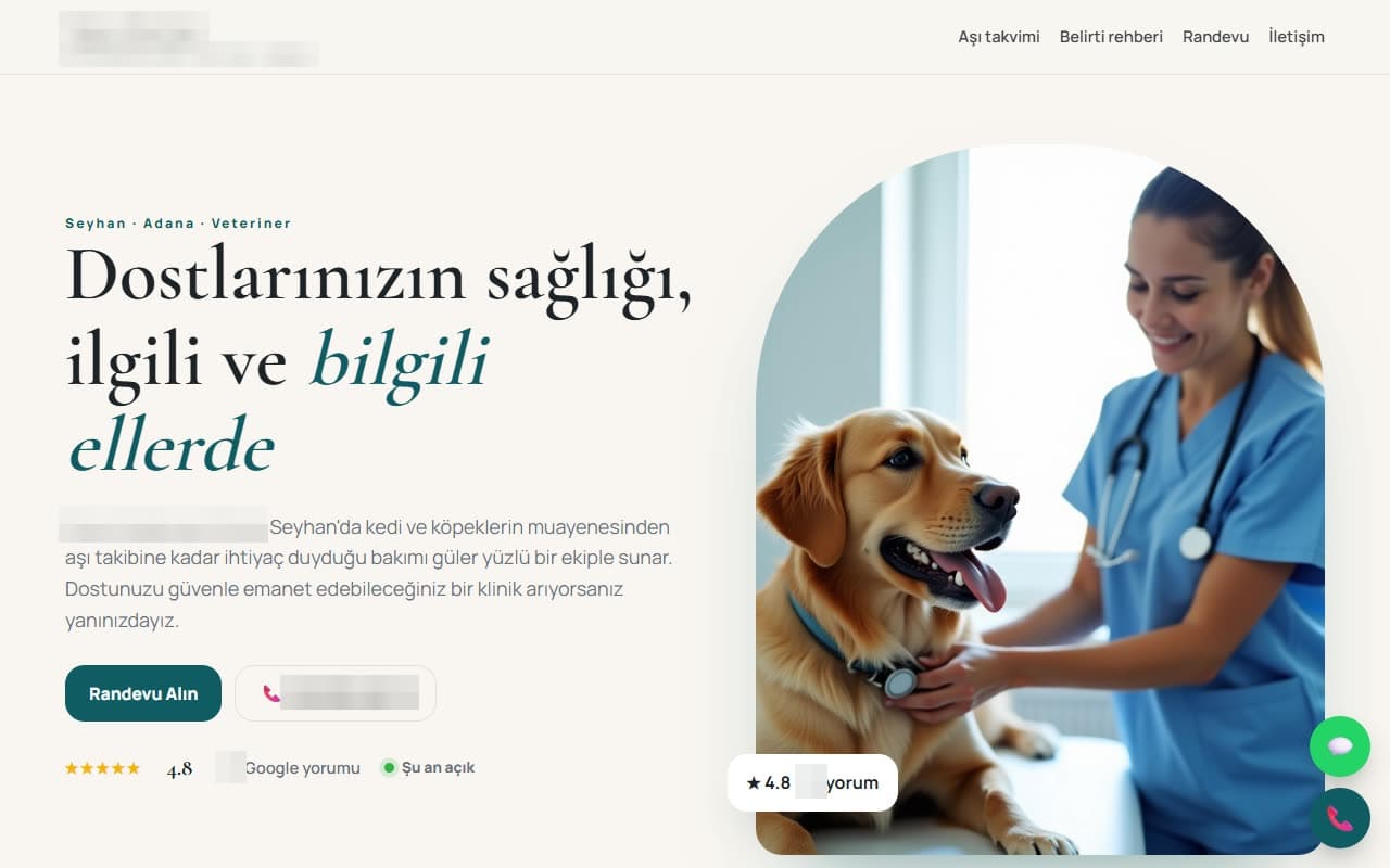 Adana · Veteriner kliniği için hazırladığımız site taslağı (işletme bilgileri gizlendi) · Dijitabela