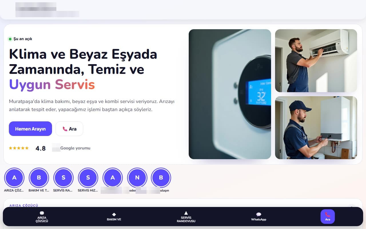 Antalya · Klima ve kombi servisi için hazırladığımız site taslağı (işletme bilgileri gizlendi) · Dijitabela