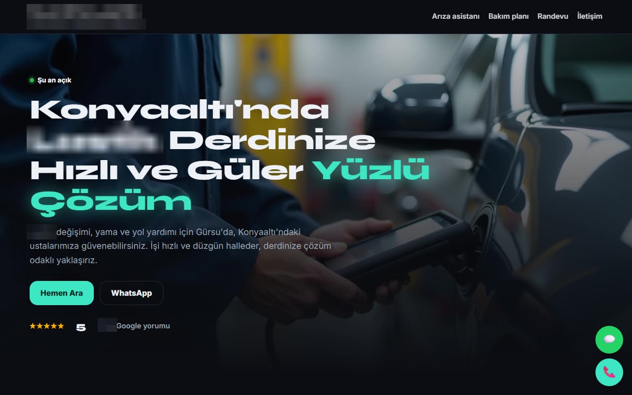 Antalya · Oto servis için hazırladığımız site taslağı (işletme bilgileri gizlendi) · Dijitabela