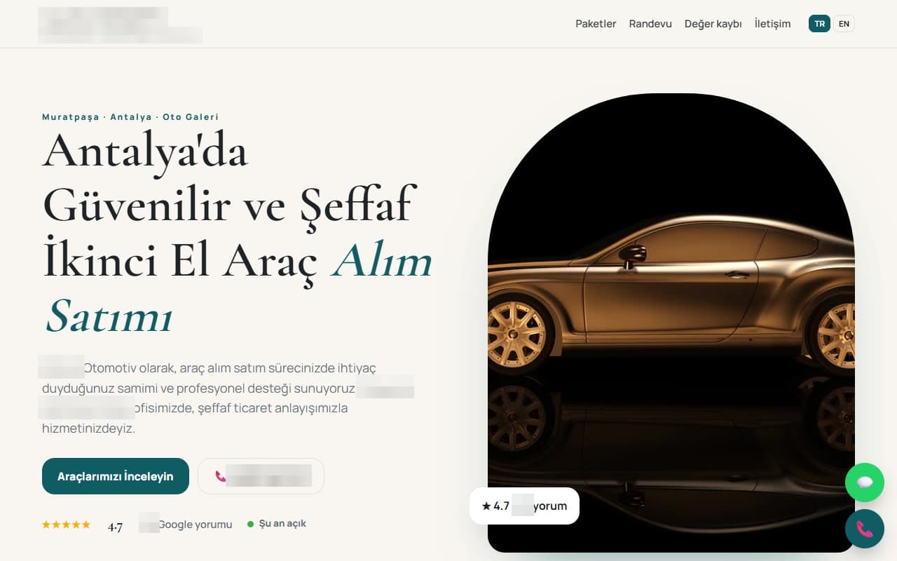 Antalya · Oto galeri için hazırladığımız site taslağı (işletme bilgileri gizlendi) · Dijitabela