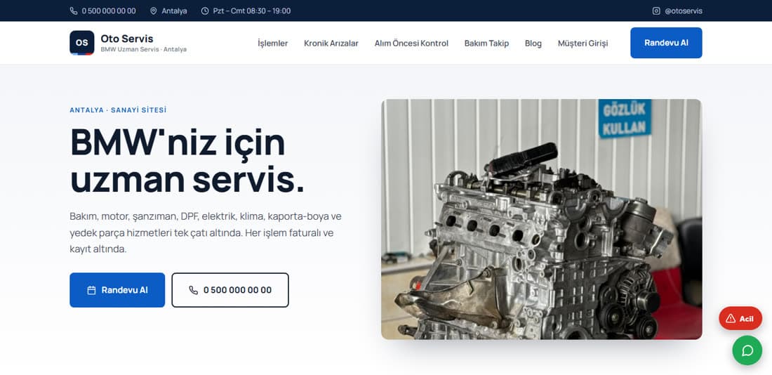 Oto servis için hazırlanmış örnek web sitesi · Dijitabela